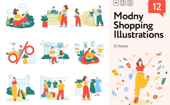 12幅时尚清新配色购物超市插图插画素材包