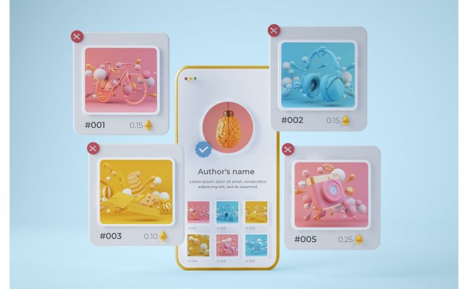 3D卡通风格NFT作品展示手机PSD样机素材