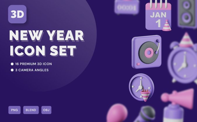 紫色新年主题3D图标模型下载 (PNG,Blend,OBJ)
