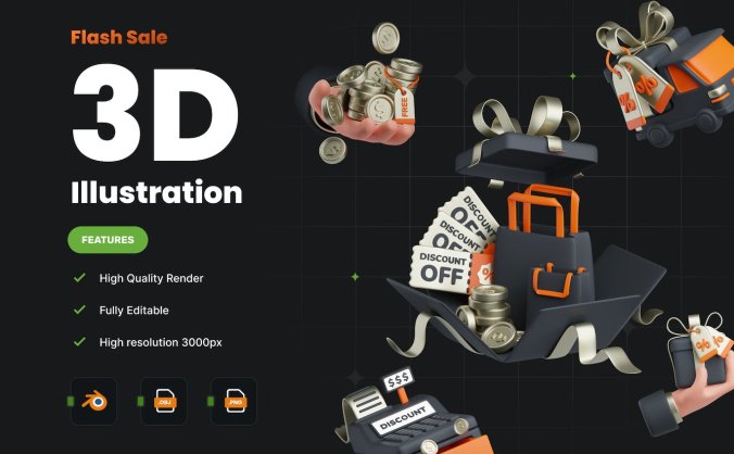 黑5风格质感电商3D图标模型素材包（Blender、Obj、PNG）