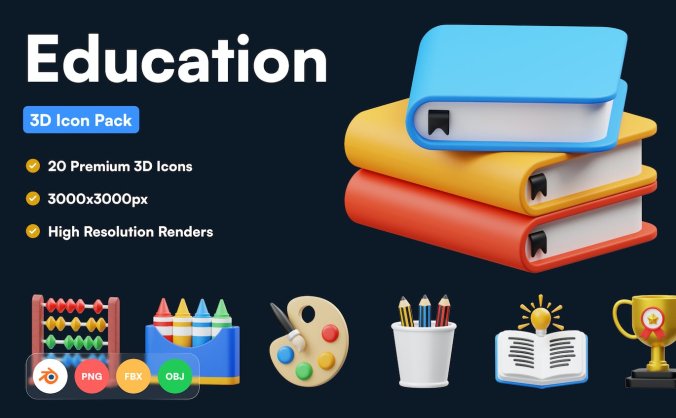 20个教育类3D图标模型素材 (PNG,fbx,obj,blend)