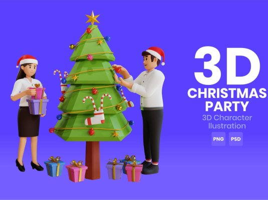 圣诞派对3D角色PSD插画素材