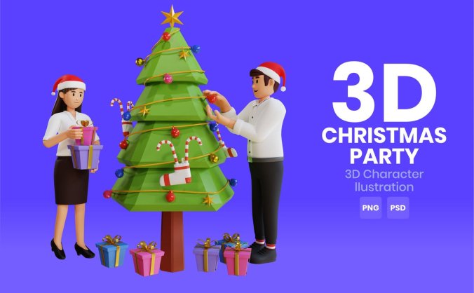 圣诞派对3D角色PSD插画素材