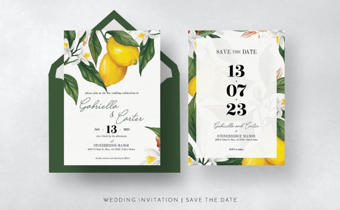 柠檬水彩小清新风格婚礼请柬PSD素材包