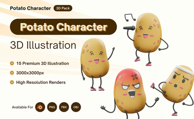 15个土豆角色卡通面部表情3D表情Blender模型