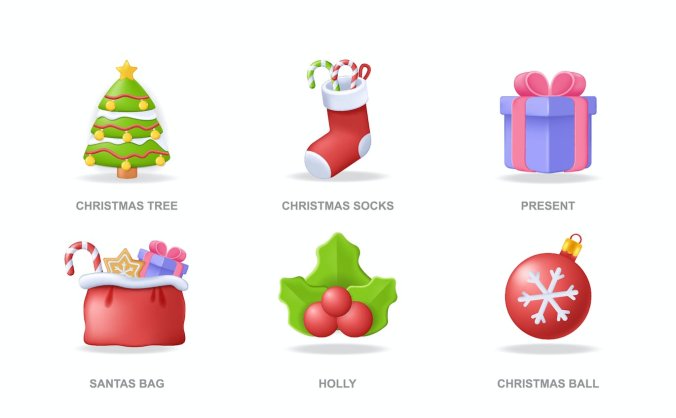 现代设计的圣诞3D图标 (AI,EPS,JPG,PNG,SVG)