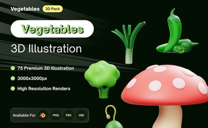 25个绿色蔬菜主题3D图标素材(Blender)