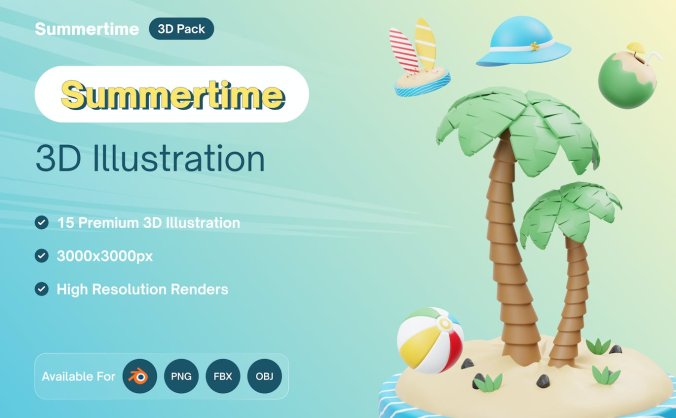 Blender创意3D夏季海滩度假图标模型