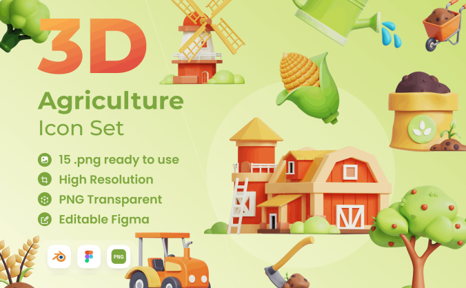15个农业农作物主题3D图标素材包 (Blender,PNG)