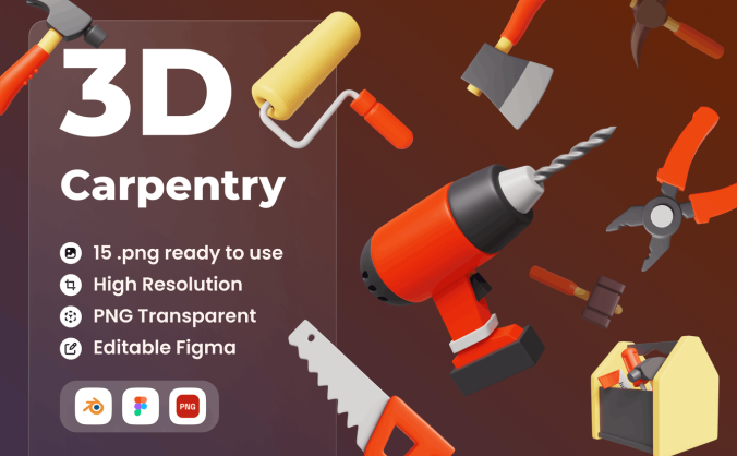 15个木工维修3D图标模型素材包（Blender）