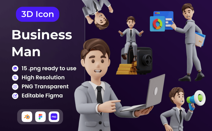 15个不同姿势商务卡通男士插画3D模型素材(Blend)