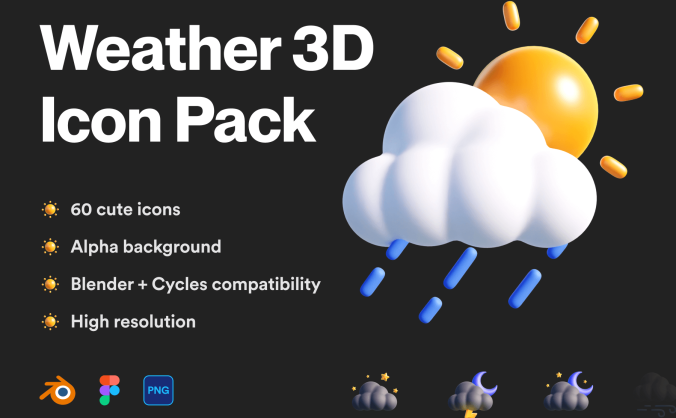 60个时尚可爱的天气主题3D图标素材（Blender）