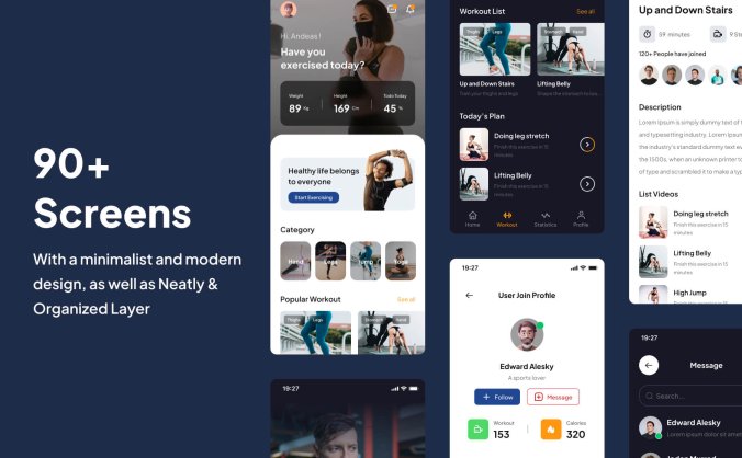90个多彩运动健身相关APP UI Kit界面素材包