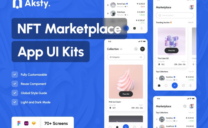 70个NFT市场移动APP UI界面素材包