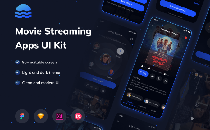 90个深色电影自媒体APP UI界面素材包