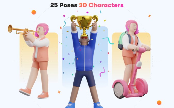 25个可用于网页APP和PPT设计的3D人物角色素材包(Blender)