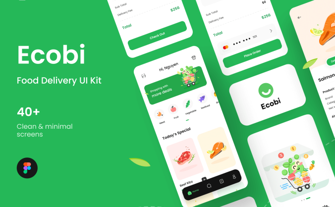 40个风格可爱的绿色食品外卖配送主题APP UI界面素材包
