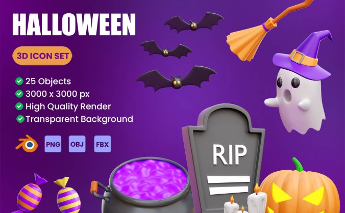 25个万圣节主题3D插图图标素材