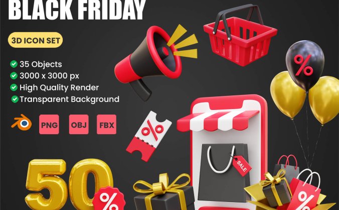 35个黑五主题金黑色3D图标素材包