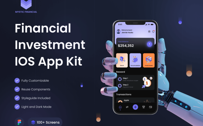 100个深紫色金融交易主题APP UI Kit界面素材包