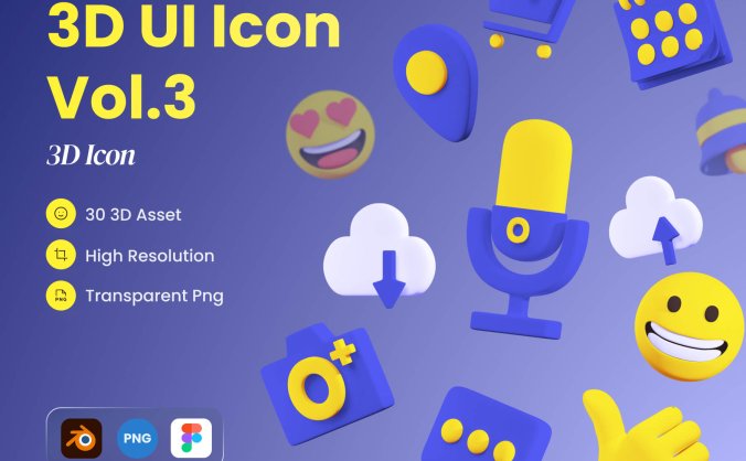 30个蓝黄搭配百搭主题的3D图标素材