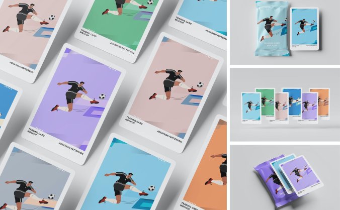 4个运动球星交易卡VI样机PSD展示素材