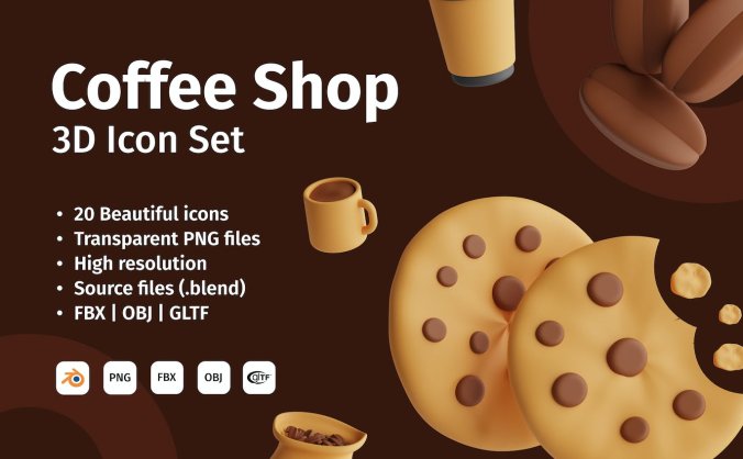 一套咖啡店主题3D图标模型素材包（Blender）