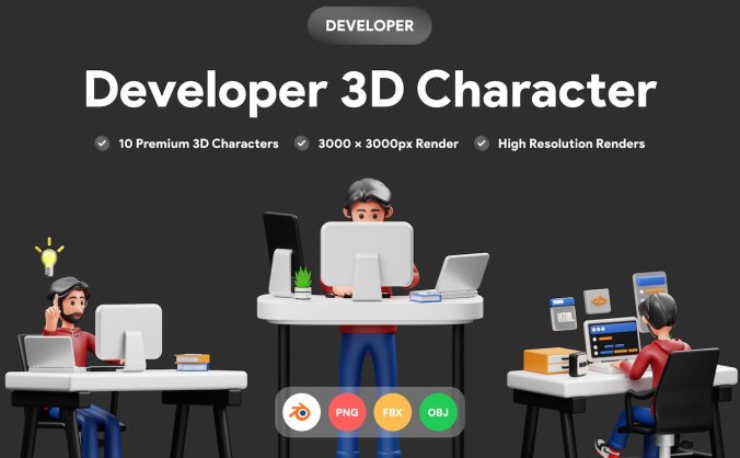 10个开发者3D角色插画素材包(PNG,Blend,OBJ,FBX)
