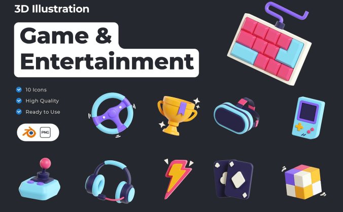 游戏娱乐主题3D图标素材（Blender）