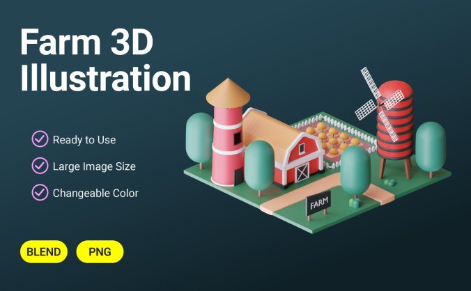 可爱农场风车3D插图模型素材(Blend)