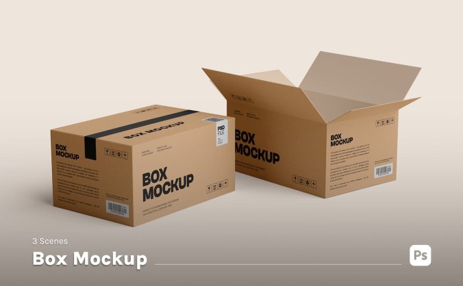 多角度效果逼真的盒子包装设计VI样机PSD素材