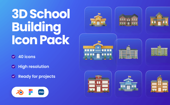 一套3D学校房屋建筑图标模型素材包（Blend,PNG）