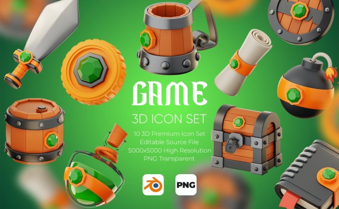 10个宝箱宝剑宝石盾牌等游戏元素3D模型素材包（PNG,blend）