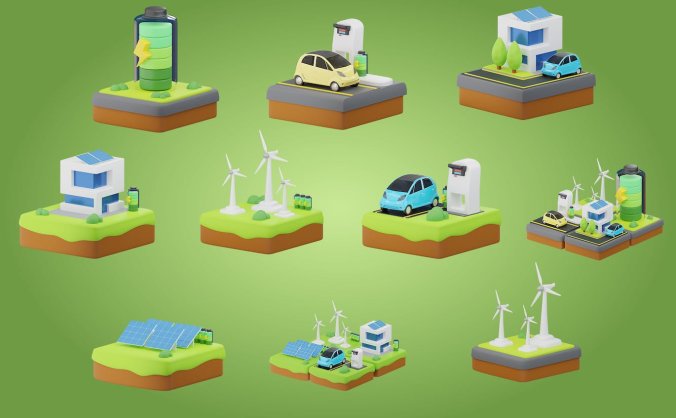 绿色电力运输汽车充电桩主题3D图标素材（Blender）