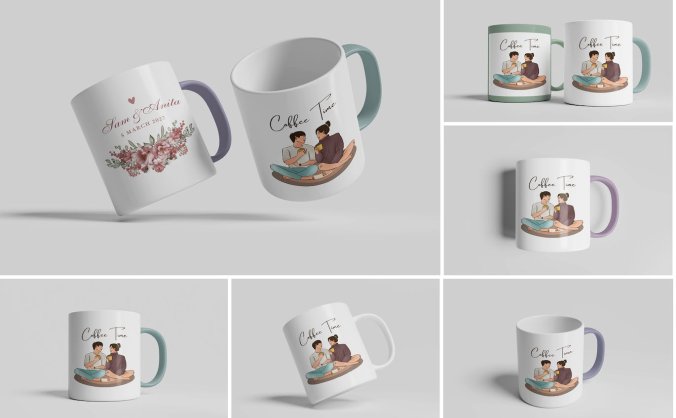 印有图案Logo的马克杯设计PSD样机素材