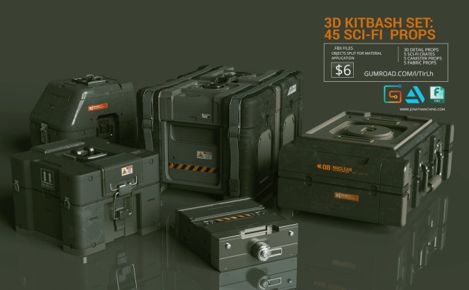 45个线缆电线物资包箱子等科幻装备3D模型素材包