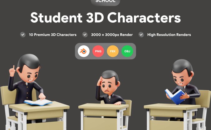 10个学生上学读书3D插图模型