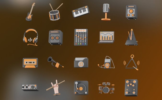黄黑搭配风格3D音乐乐器图标素材包(Blender)