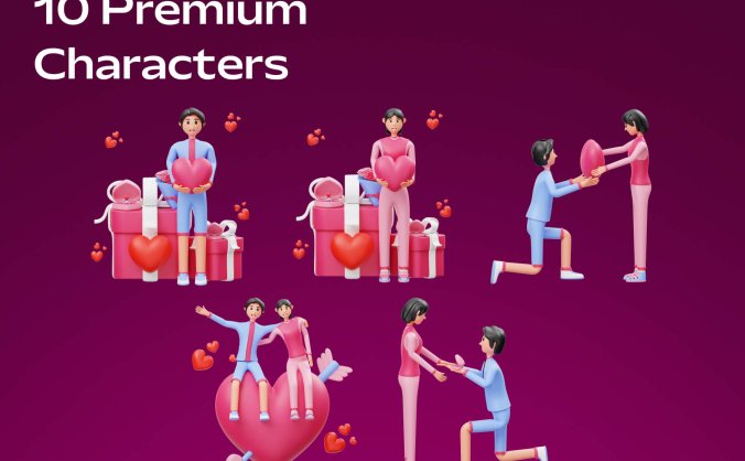 10个浪漫粉色情人节情侣3D人物插画素材包