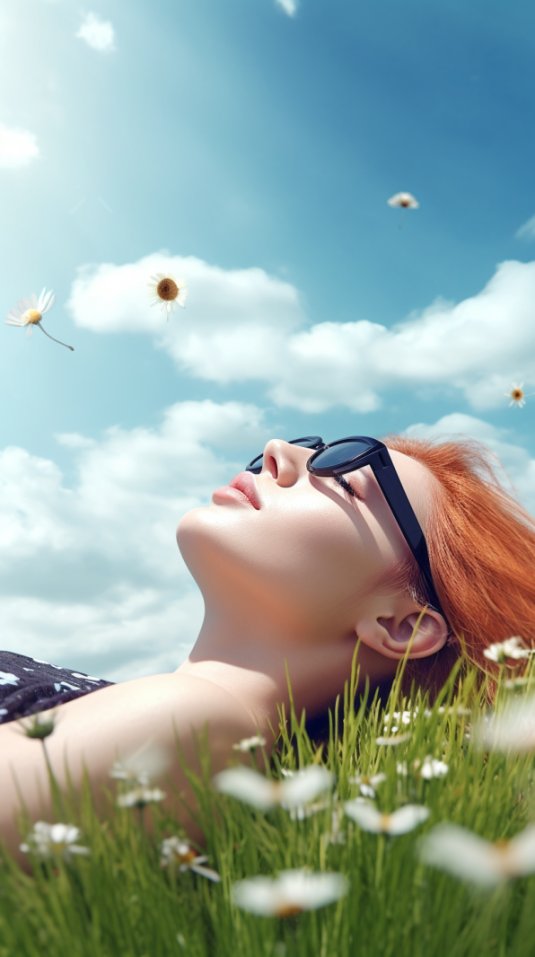 蓝天白云人躺在草地上的海报