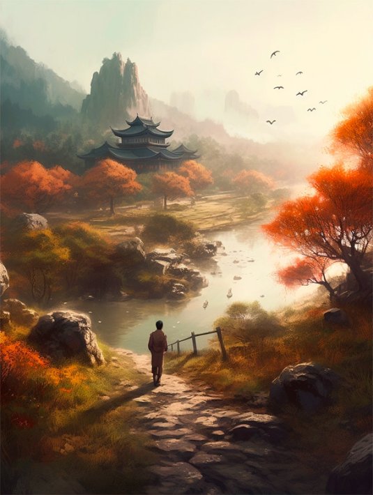 超写实中国风山水画，一个人走在画中，意境悠远