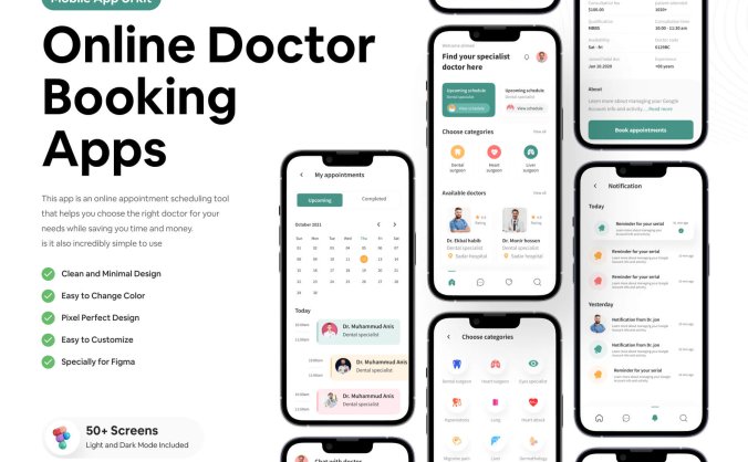 一套绿色简洁的在线医生预约APP UI界面素材包（FIgma）