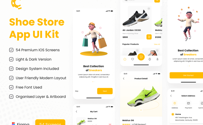 54个卖鞋电商网店APP UI界面素材包（Figma）