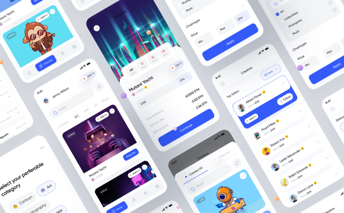 65个蓝色NFT市场APP UI界面素材包（Figma）