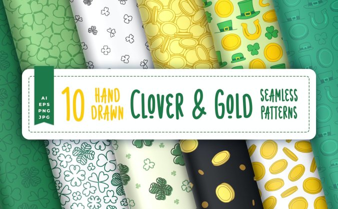 手绘金色三叶草矢量无缝图案素材包