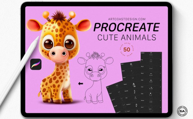 50个可爱的procreate动物笔刷素材包
