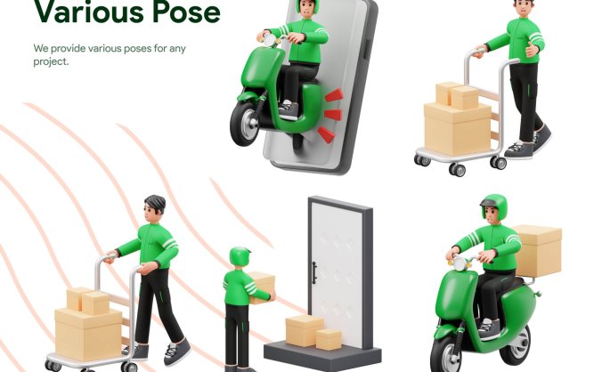 11个绿色送货快递3D人物插图素材包(Blender)