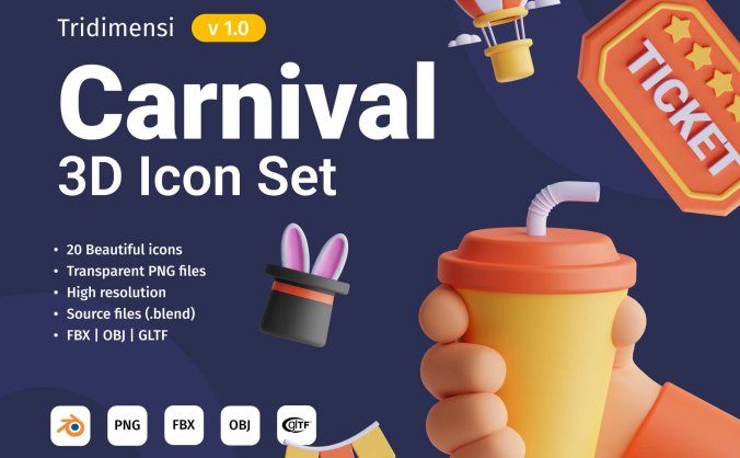 20个漂亮的娱乐嘉年华3D图标素材包（Blender）