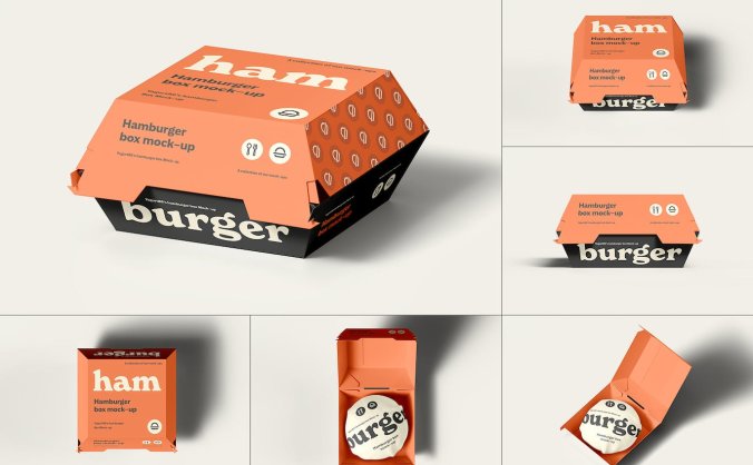 6个逼真汉堡盒子实物模型PSD样机素材