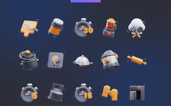 30个黑金烹饪主题3D图标素材包（Blender）